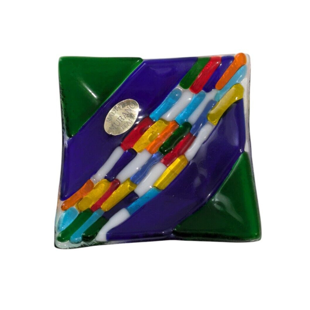 Murano Glass Small Jewelry Ring Tray Made In Italy Green Blue Striped Small